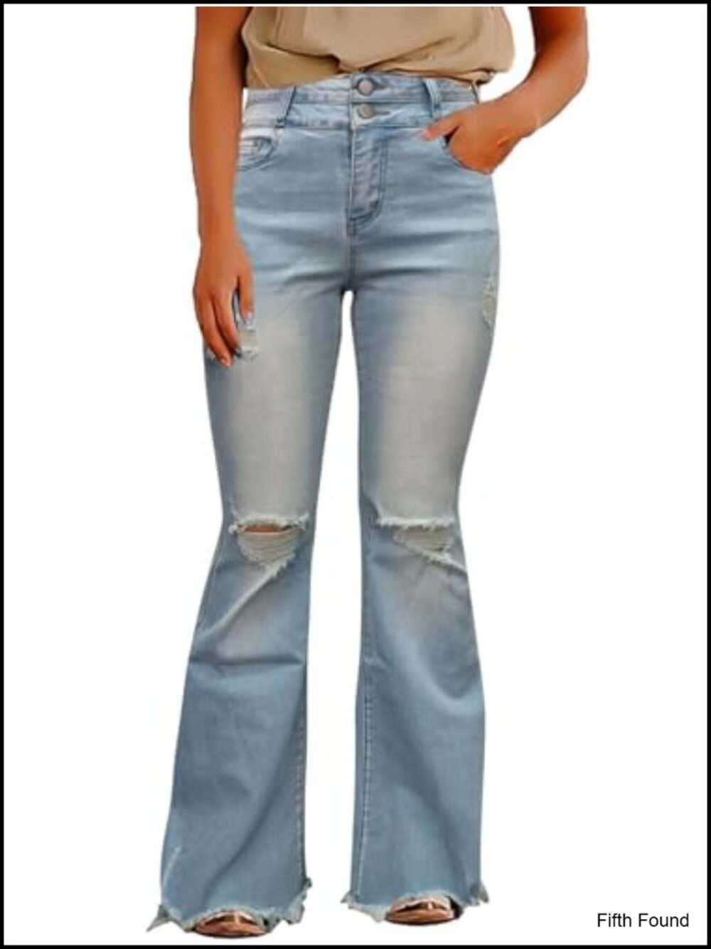 Women's High Waist Ripped Bell Bottom Flare Jeans Stretch Wide Leg